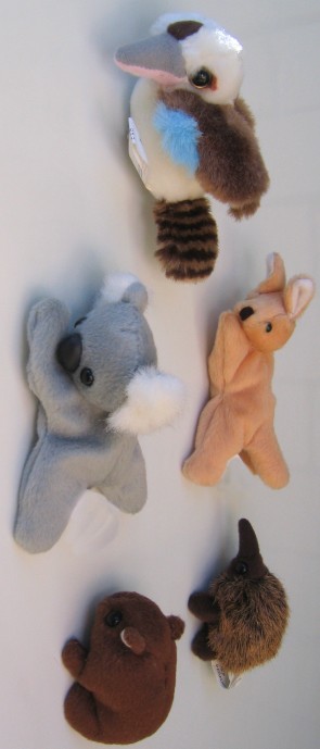soft toy magnets kangaroo, koala, wombat, kookaburra and echidna