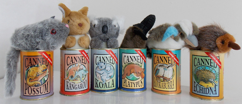 toys canned - kangaroo, koala, wombat, platypus, echidna, kookaburra, opossum